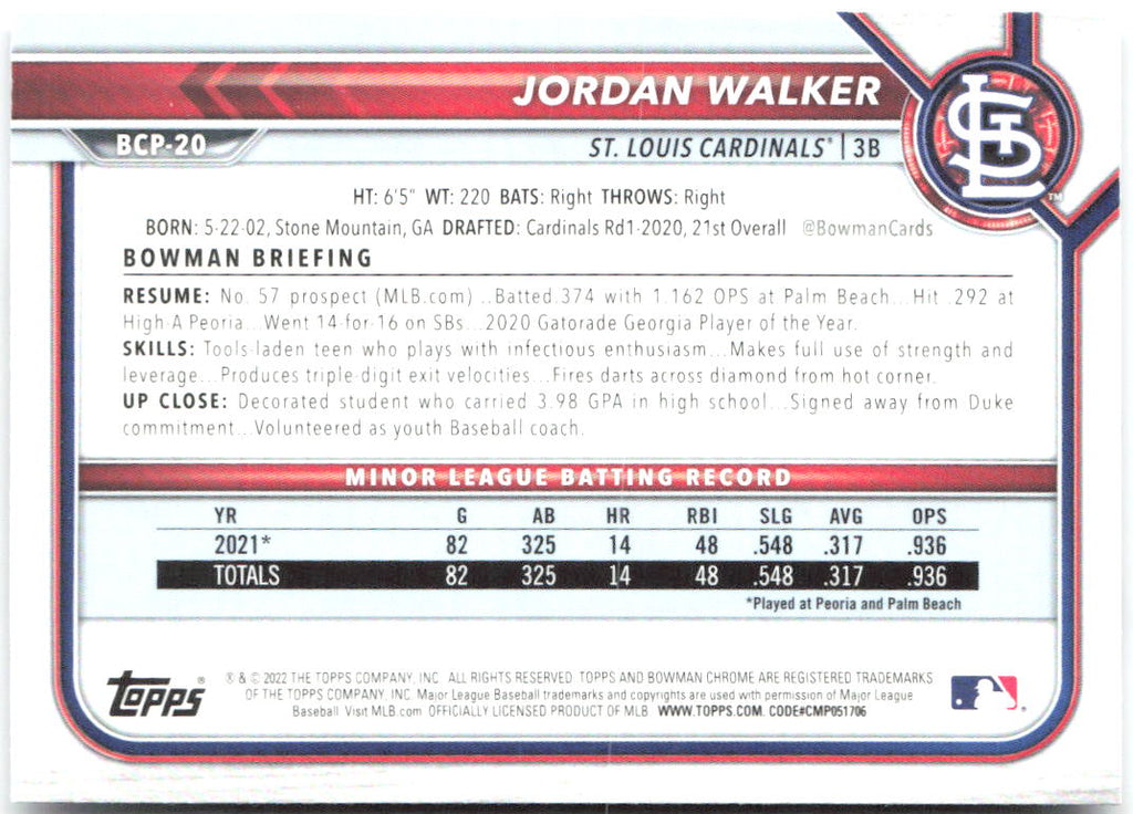 Jordan Walker Bowman - Chrome Prospects BCP-20 2022 St. Louis Cardinals