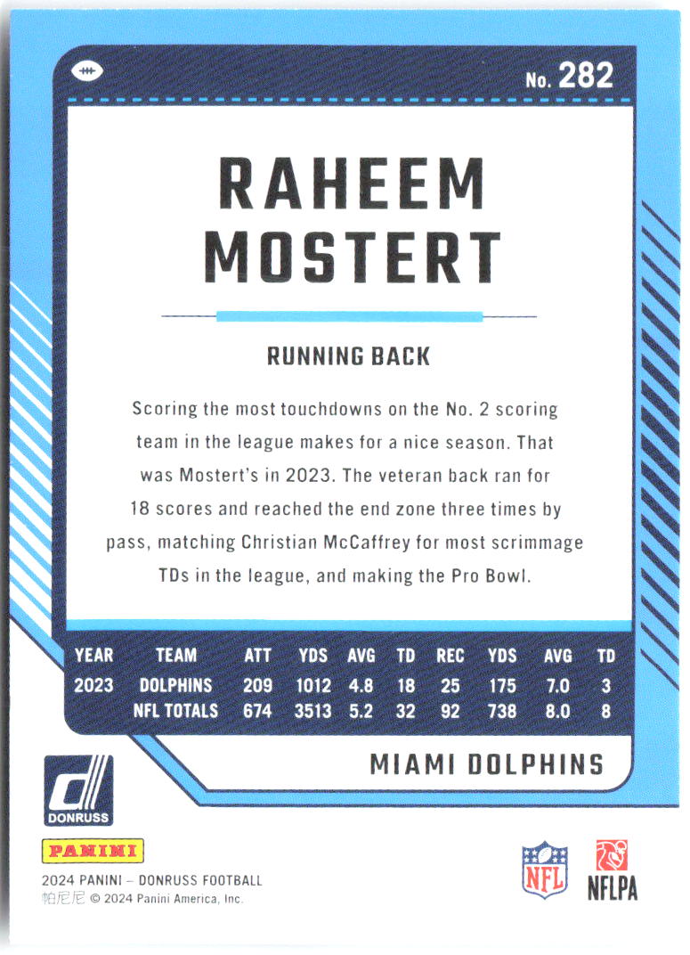 Raheem Mostert Donruss 282 2024 Miami Dolphins