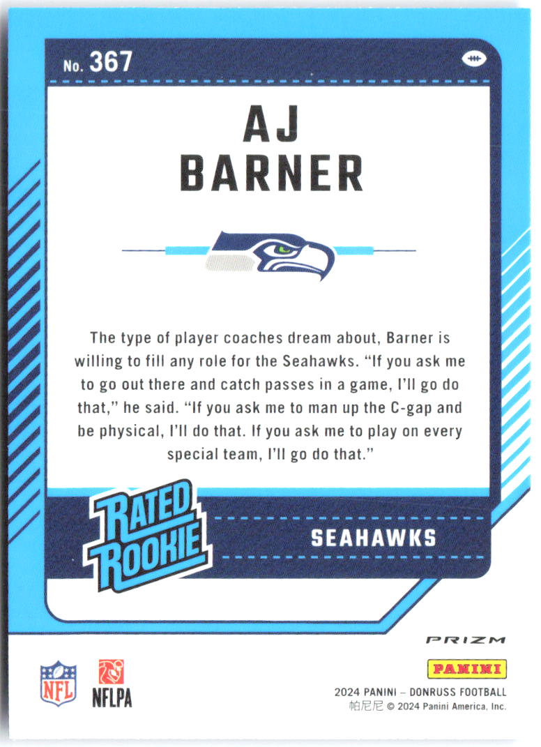 AJ Barner Donruss - Optic Rated Rookies Blue Scope 367 2024 Seattle Seahawks