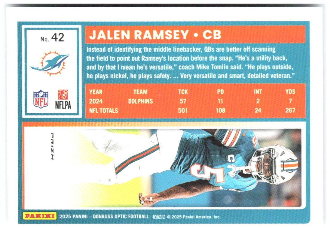 Jalen Ramsey Donruss Optic - Holo 42 2025 Miami Dolphins