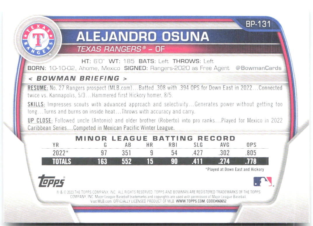 Alejandro Osuna Bowman - Prospects BP-131 2023 Texas Rangers