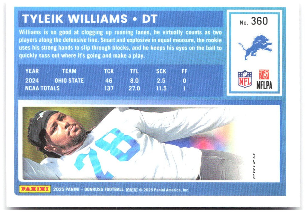 Tyleik Williams Donruss Optic Rated Rookies Preview Pink 360 2025 Detroit Lions