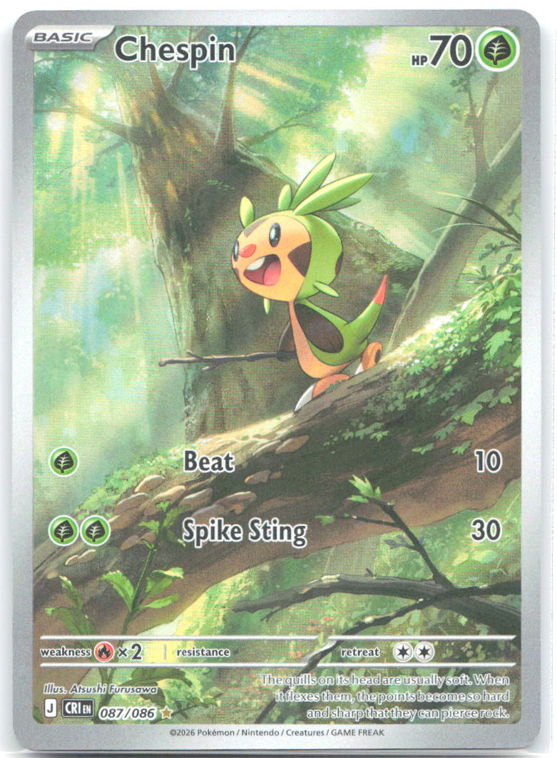 Chespin Holo Illustration Rare ME04: Chaos Rising 087/086 NM Atsushi Furusawa