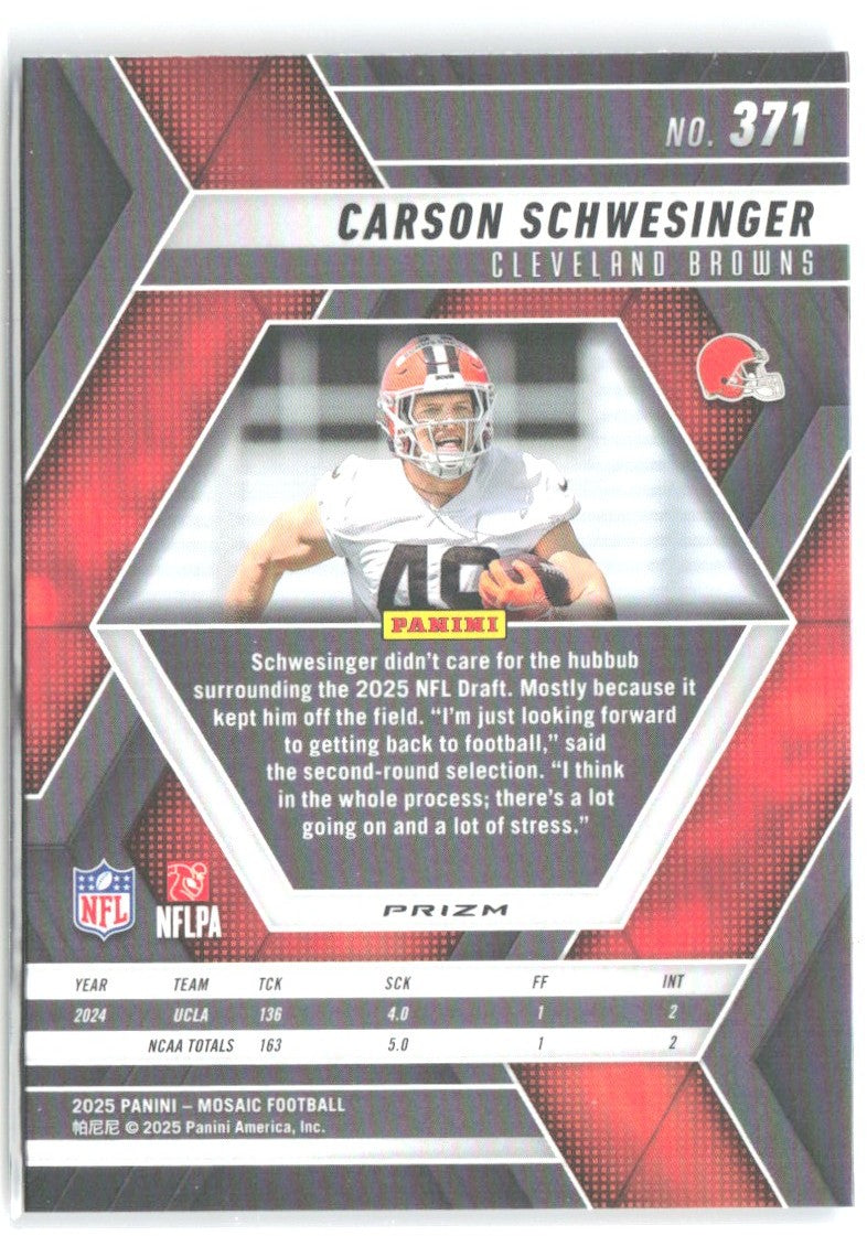 Carson Schwesinger Panini Mosaic Mosaic Reactive Blue 371 2025 Cleveland Browns