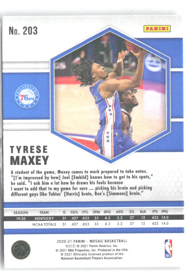 Tyrese Maxey Panini Mosaic 203 2020-21 Philadelphia 76ers RC