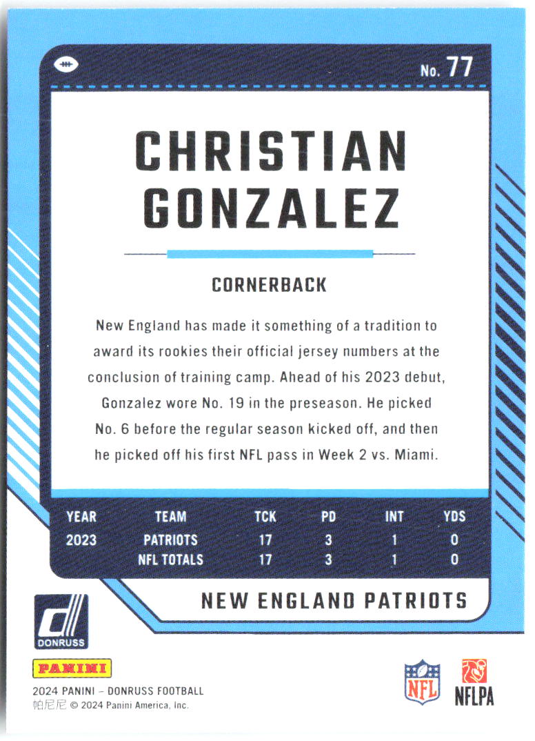 Christian Gonzalez Donruss 77 2024 New England Patriots