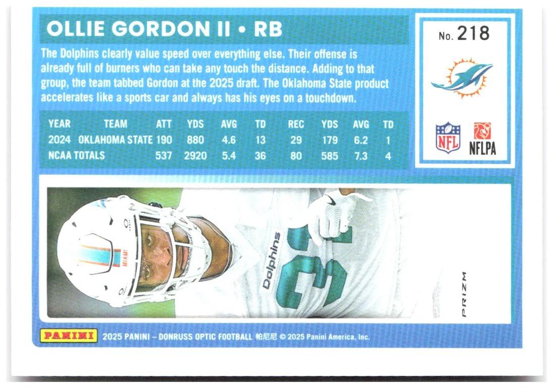 Ollie Gordon II Donruss Optic - Pink 218 2025 Miami Dolphins
