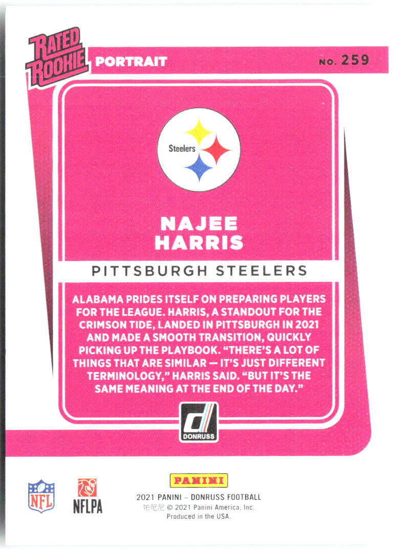 Najee Harris Donruss - Rated Rookies Portrait 259 2021 Pittsburgh Steelers