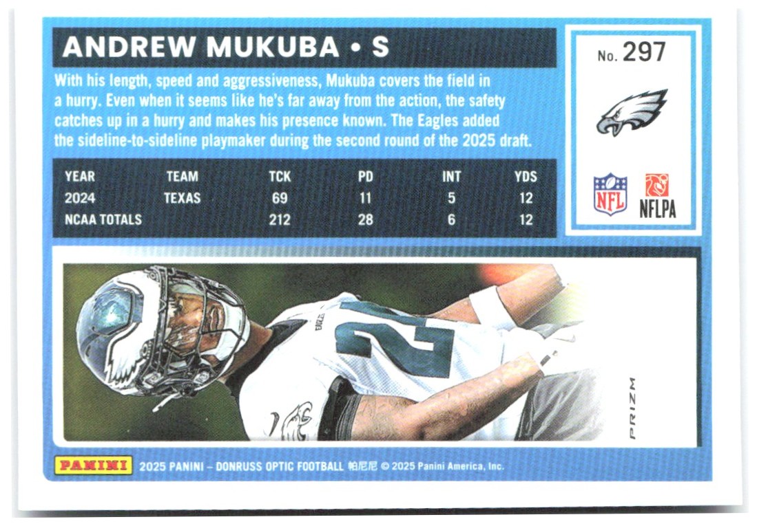 Andrew Mukuba Donruss Optic - Purple Shock 297 2025 Philadelphia Eagles