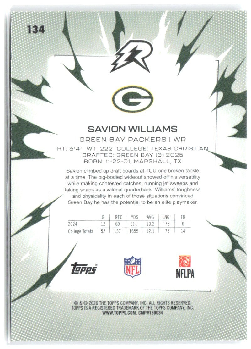 Savion Williams Topps Resurgence 134 2025 Green Bay Packers RC