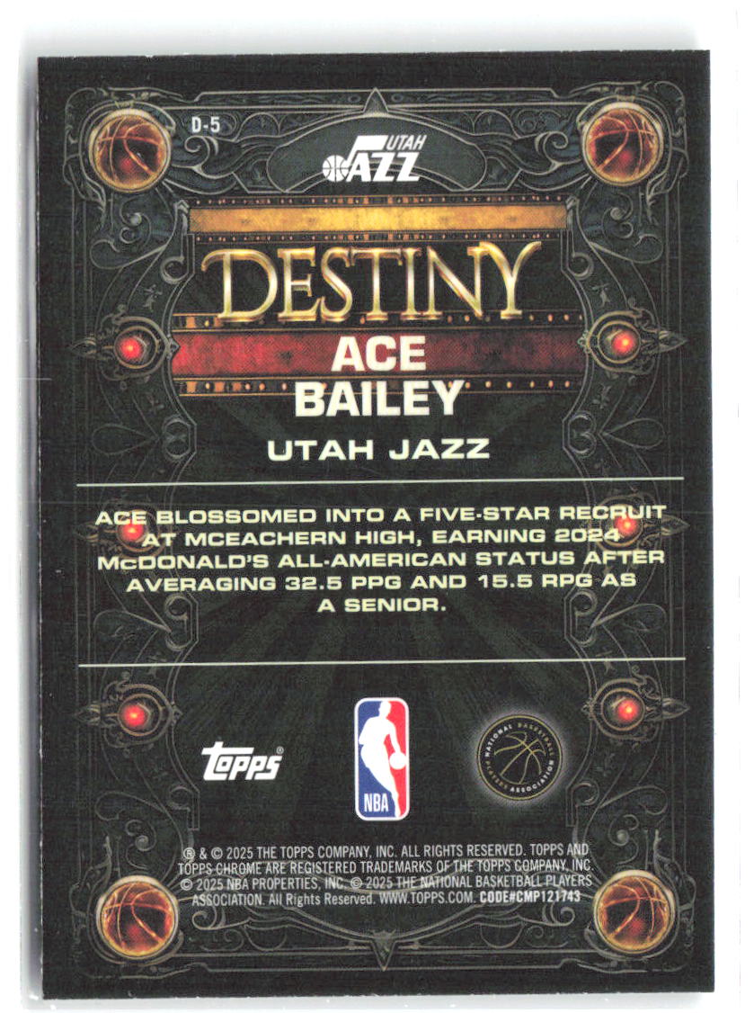 Ace Bailey Topps Chrome - Destiny D-5 2025-26 Utah Jazz