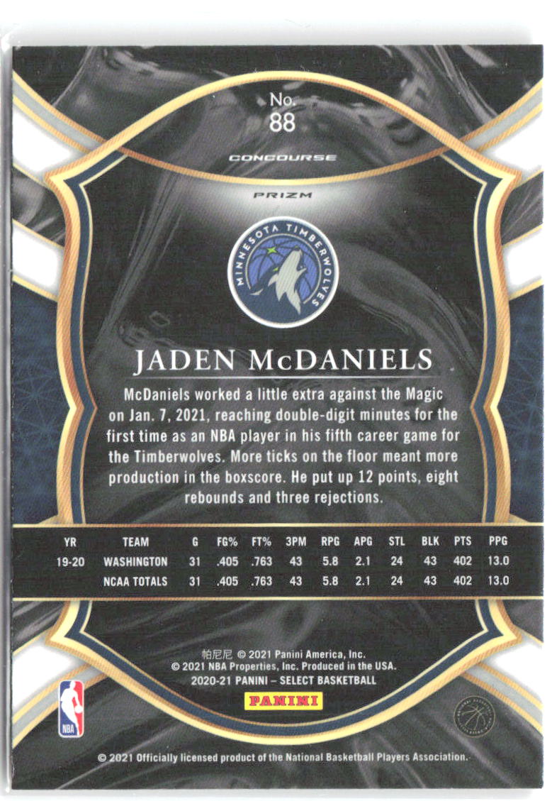 Jaden McDaniels Select Red White Orange Flash 88 2020-21 Minnesota Timberwolves