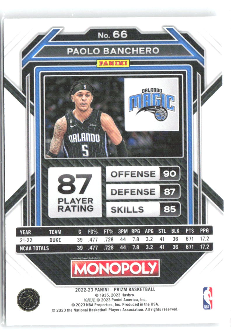 Paolo Banchero Panini Prizm Monopoly 66 2022-23 Orlando Magic