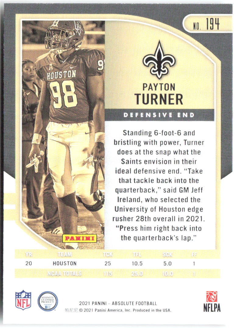 Payton Turner Panini Absolute - Retail 194 2021 New Orleans Saints RC