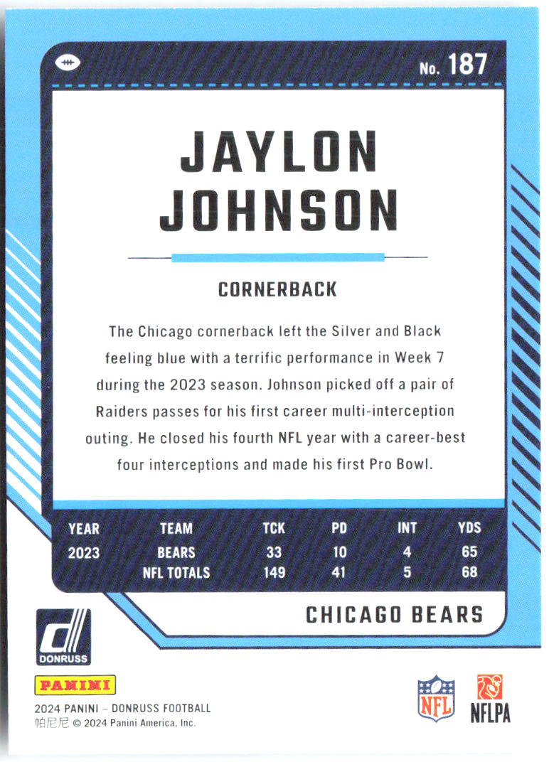 Jaylon Johnson Donruss 187 2024 Chicago Bears