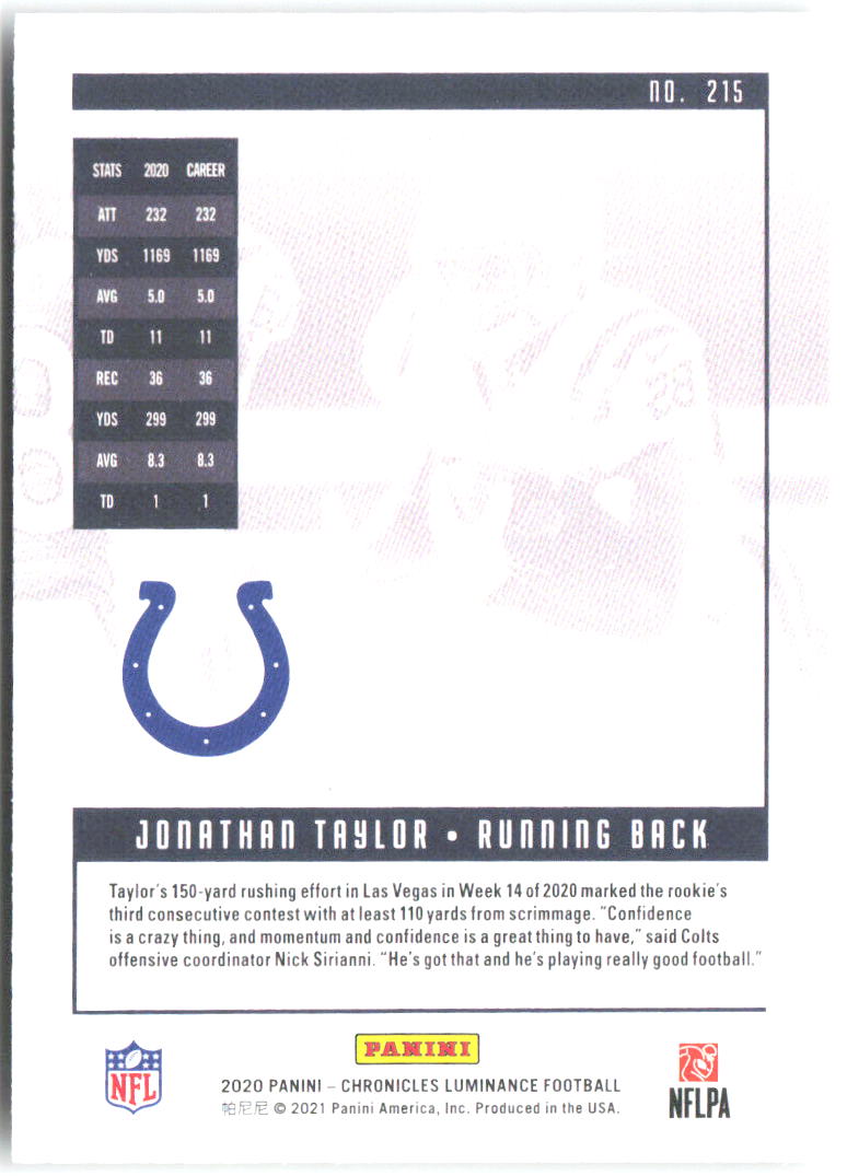 Jonathan Taylor Chronicles Luminance Update Rookies 215 2020 Indianapolis Colts