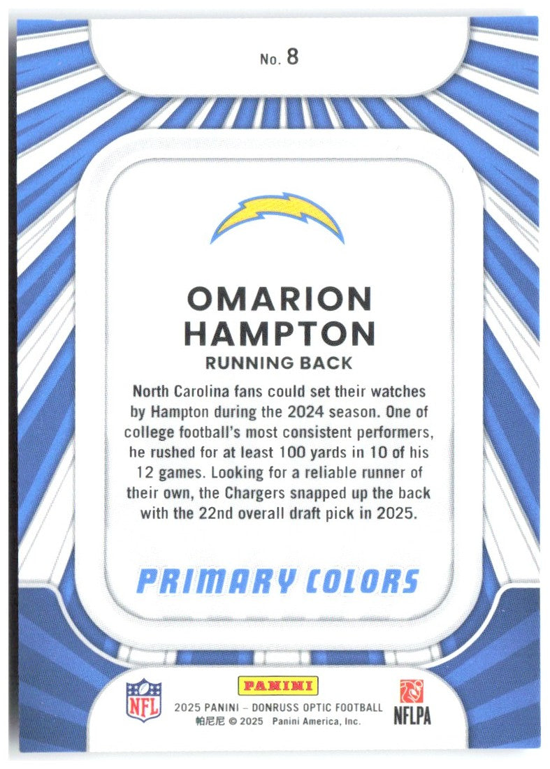Omarion Hampton Donruss Optic Rookie Primary Colors 8 2025 Los Angeles Chargers