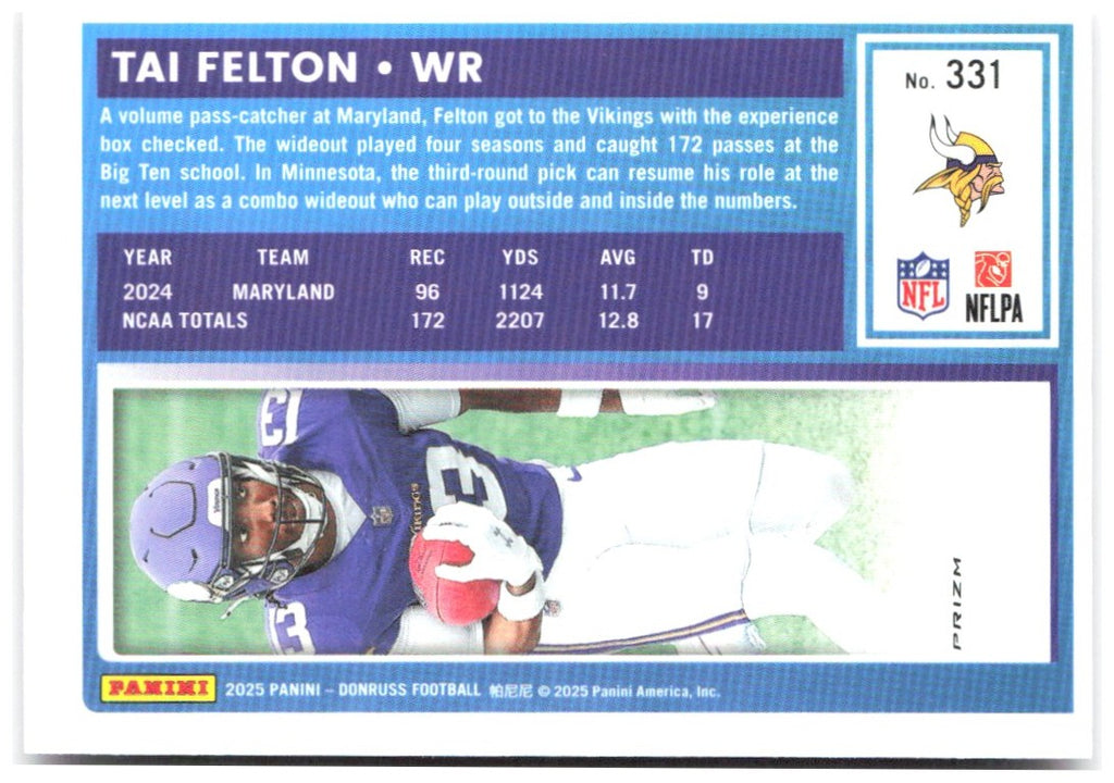 Tai Felton Donruss - Optic Rated Rookies Preview Pink 331 2025 Minnesota Vikings