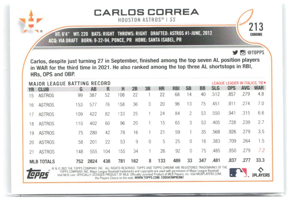 Carlos Correa Topps Chrome - Prism Refractor 213 2022 Houston Astros