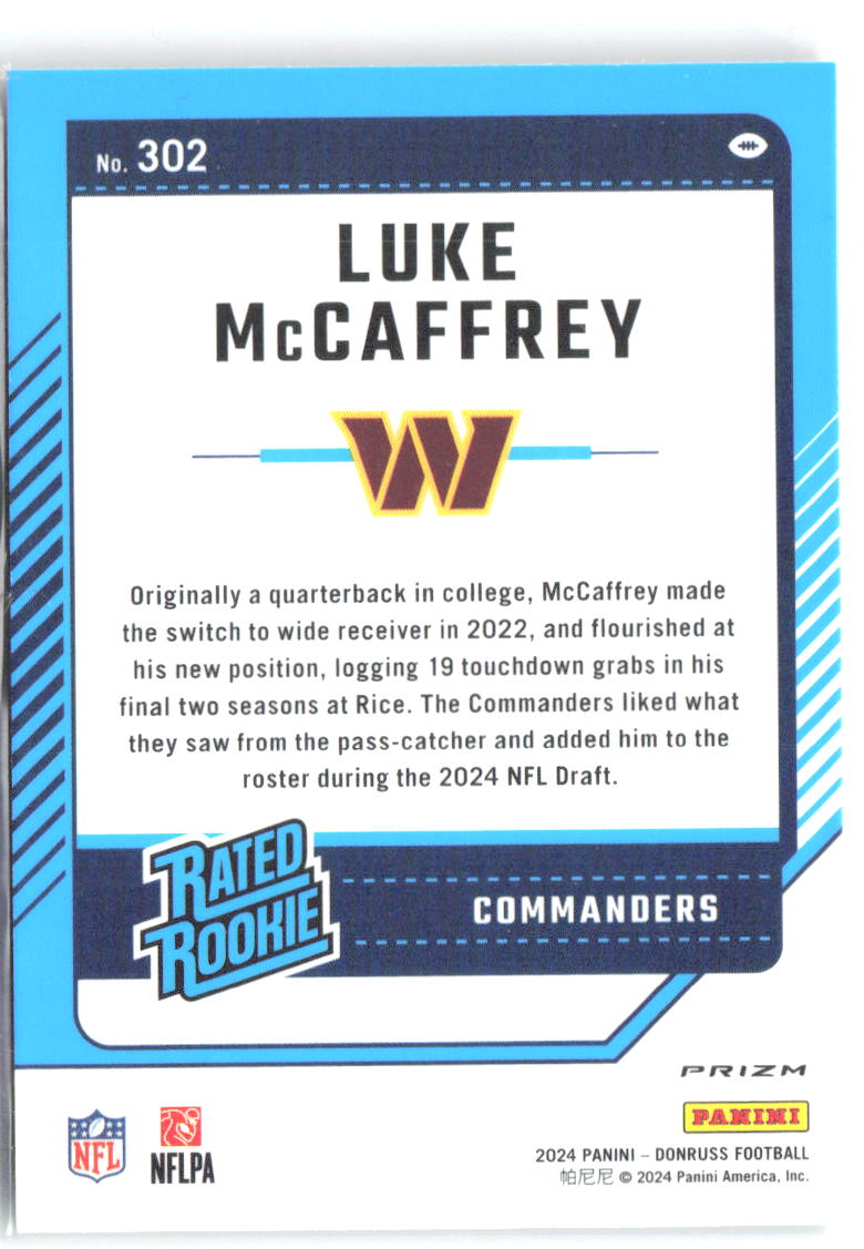 Luke McCaffrey Donruss - Optic Rated Rookies Red and Green 302 2024 Commanders