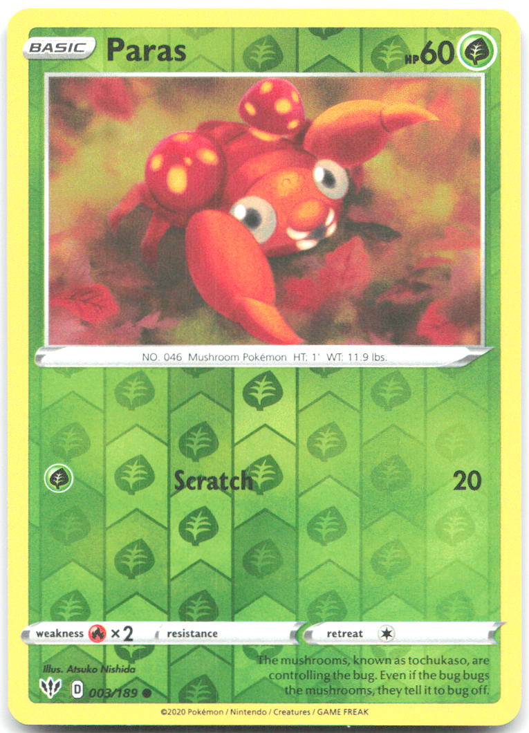 Paras Reverse Holo Common SWSH03 Darkness Ablaze 003/189 NM Atsuko Nishida