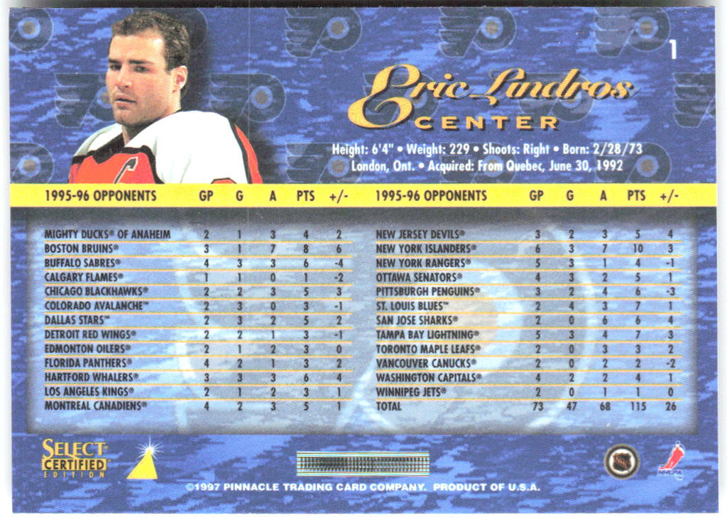 Eric Lindros Select Certified 1 1996-97 Philadelphia Flyers