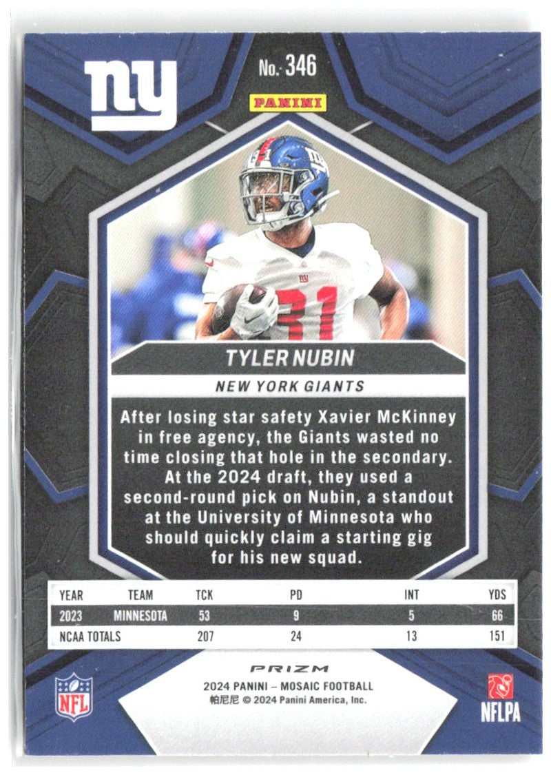 Tyler Nubin Panini Mosaic - Mosaic Reactive Yellow 346 2024 New York Giants