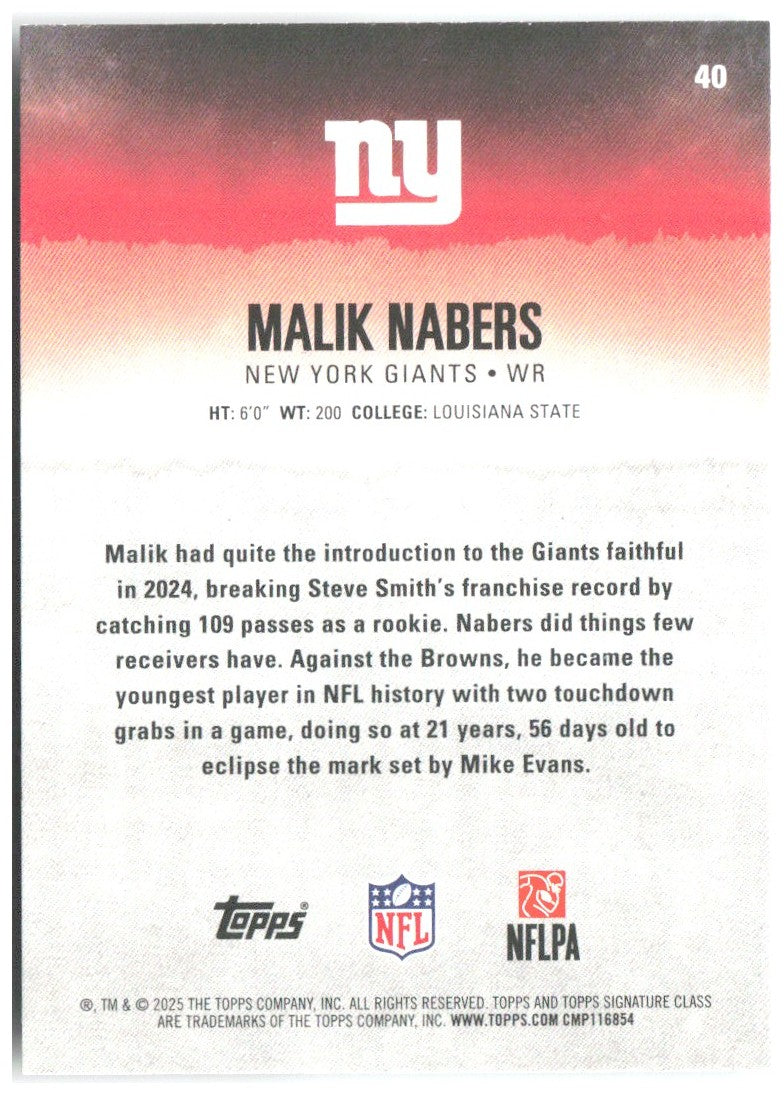Malik Nabers Topps Signature Class 40 2025 New York Giants