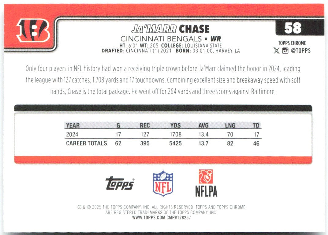 Ja'Marr Chase Topps Chrome - Pulsar Refractor 58 2025 Cincinnati Bengals