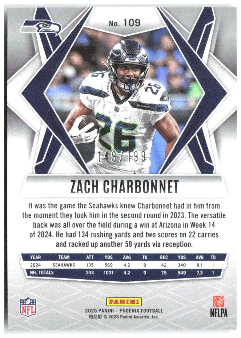 Zach Charbonnet Panini Phoenix Blue Winter Prizm 109 2025 Seattle Seahawks /199