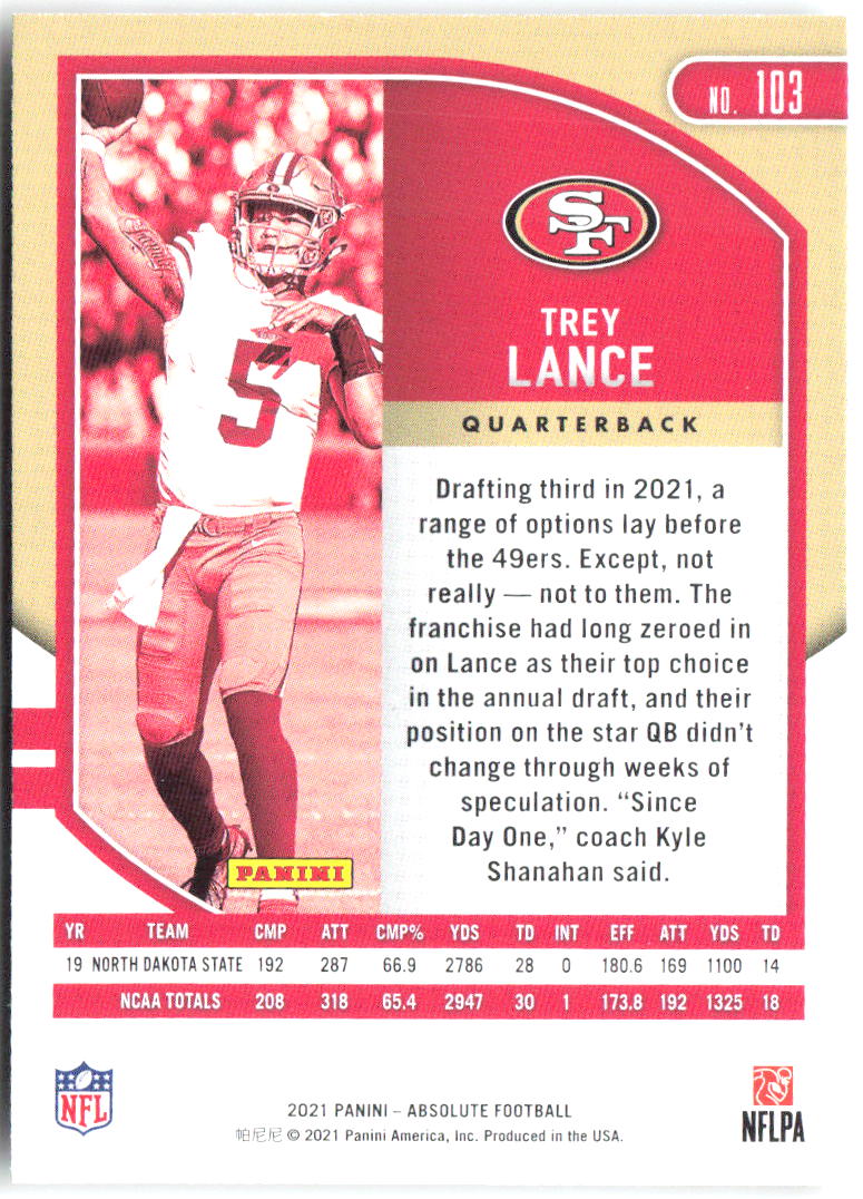 Trey Lance Panini Absolute - Retail 103 2021 San Francisco 49ers RC