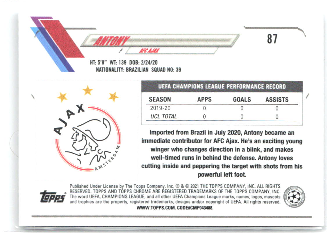 Antony Topps Chrome UEFA Champions League 87 2020-21 Ajax RC