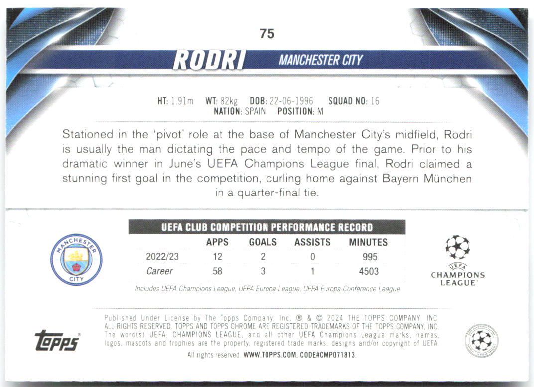 Rodri Topps Chrome UEFA Club Competitions 75 2023-24 Manchester City