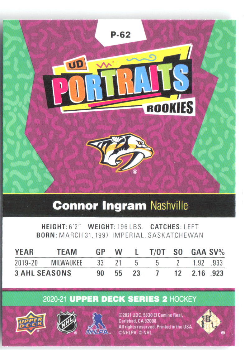 Connor Ingram Upper Deck - UD Portraits P-62 2020-21 Nashville Predators