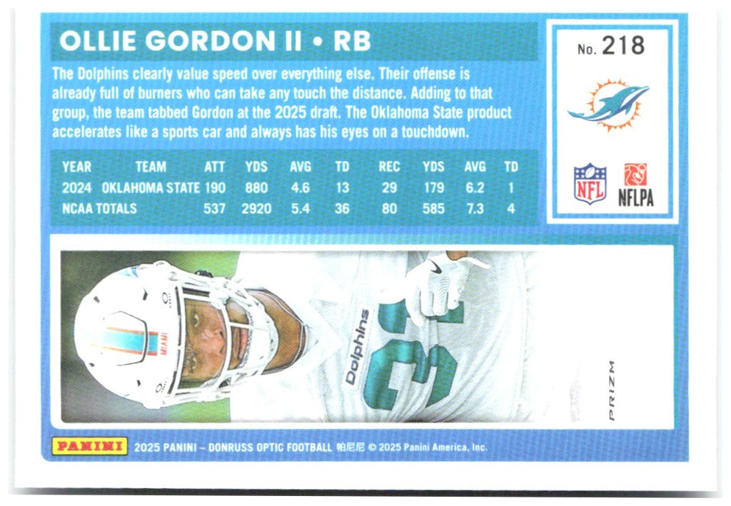 Ollie Gordon II Donruss Optic - Holo 218 2025 Miami Dolphins