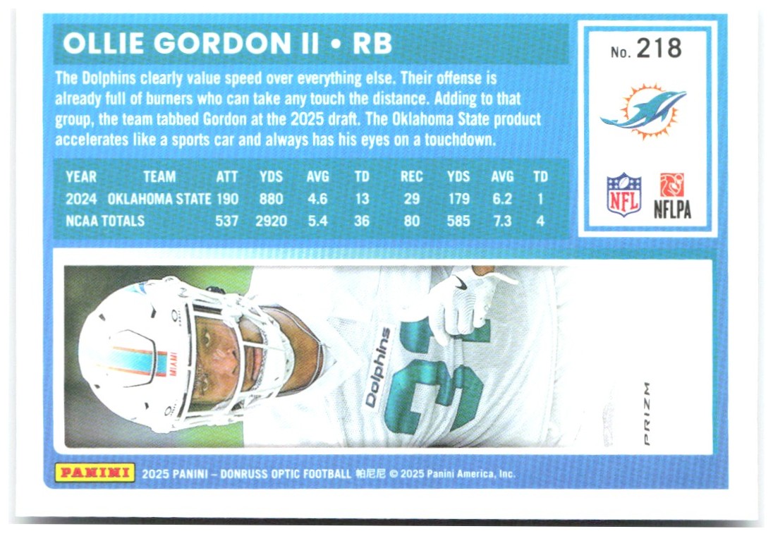Ollie Gordon II Donruss Optic - Holo 218 2025 Miami Dolphins