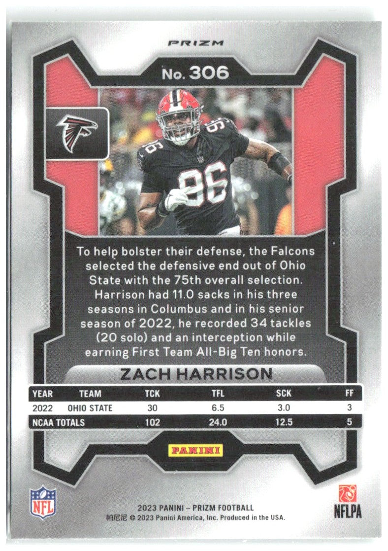Zach Harrison Panini Prizm - Neon Green Pulsar 306 2023 Atlanta Falcons