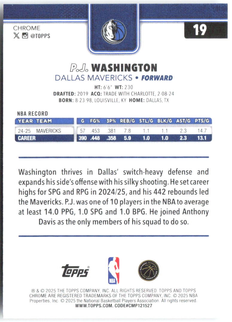 P.J. Washington Topps Chrome 19 2025-26 Dallas Mavericks