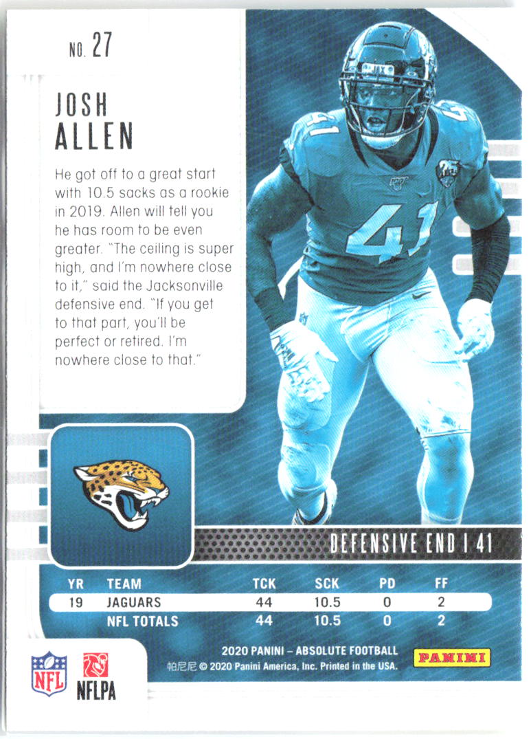 Josh Allen Panini Absolute - Yellow 27 2020 Jacksonville Jaguars