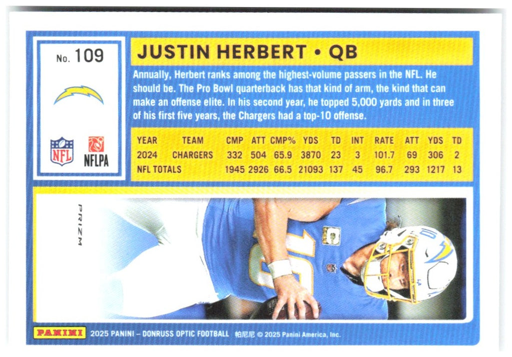 Justin Herbert Donruss Optic - Holo 109 2025 Los Angeles Chargers