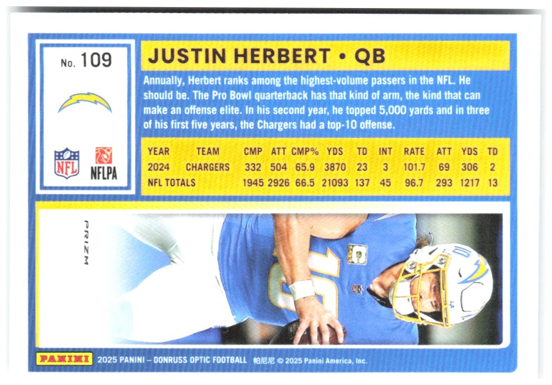 Justin Herbert Donruss Optic - Holo 109 2025 Los Angeles Chargers