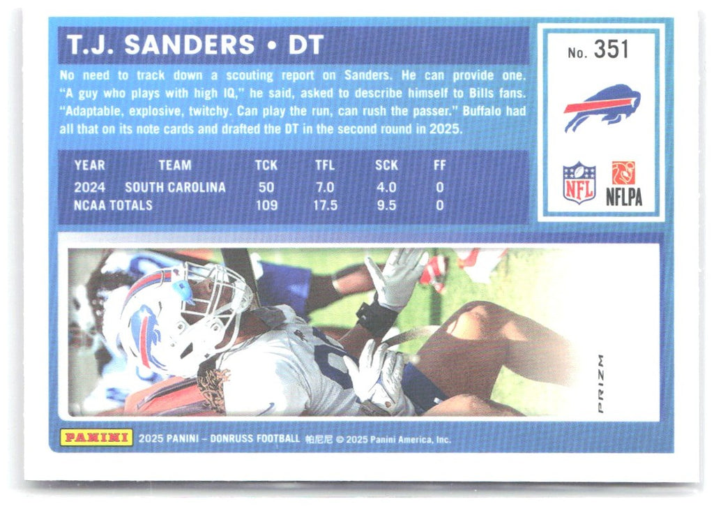T.J. Sanders Donruss - Optic Rated Rookies Preview Pink 351 2025 Buffalo Bills