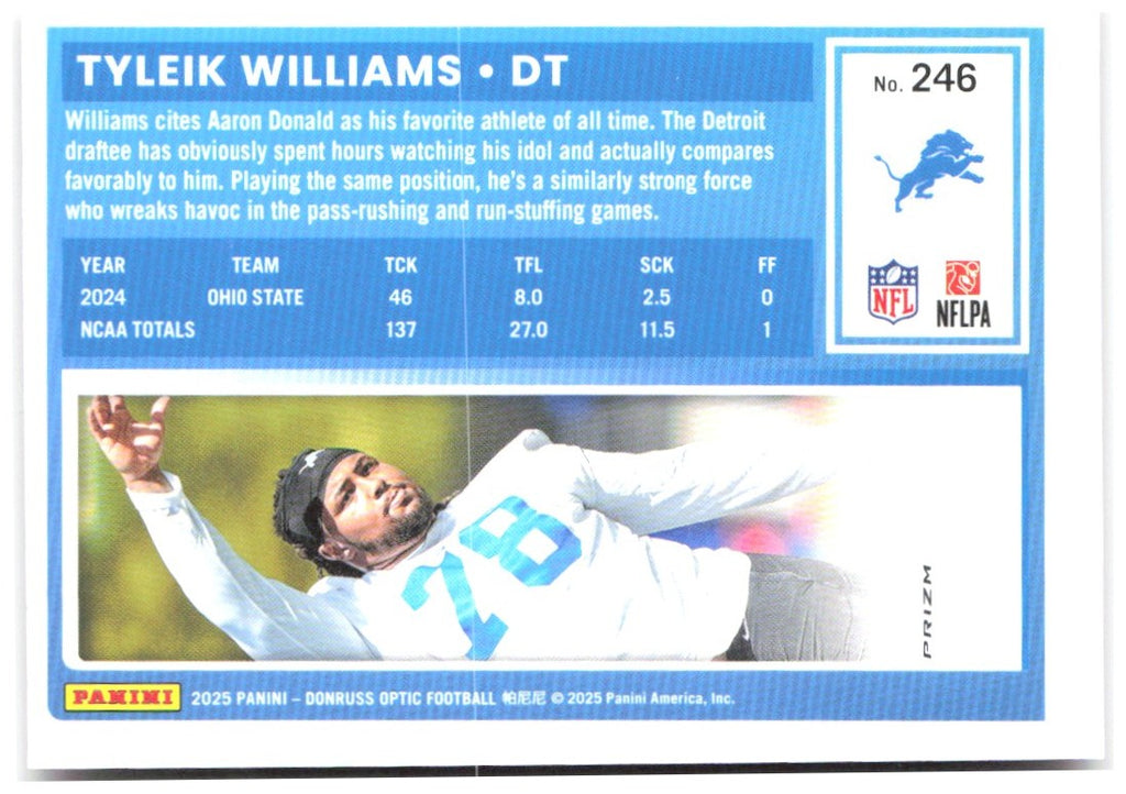 Tyleik Williams Donruss Optic - Pink 246 2025 Detroit Lions