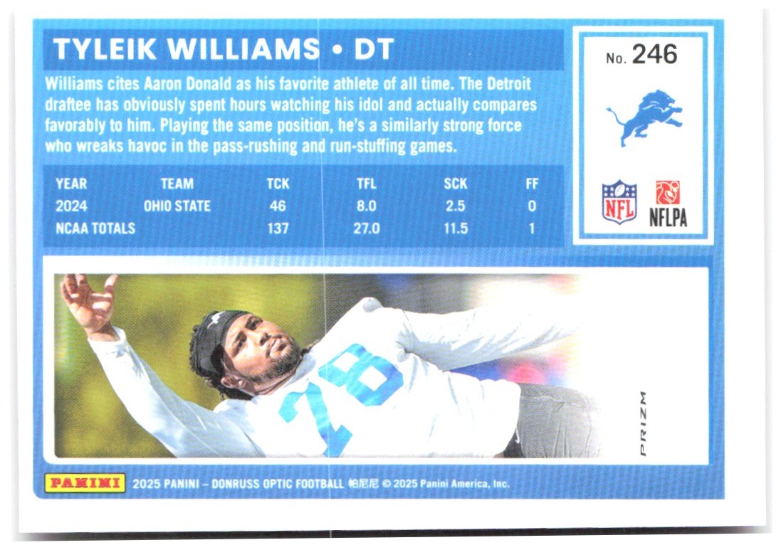 Tyleik Williams Donruss Optic - Pink 246 2025 Detroit Lions