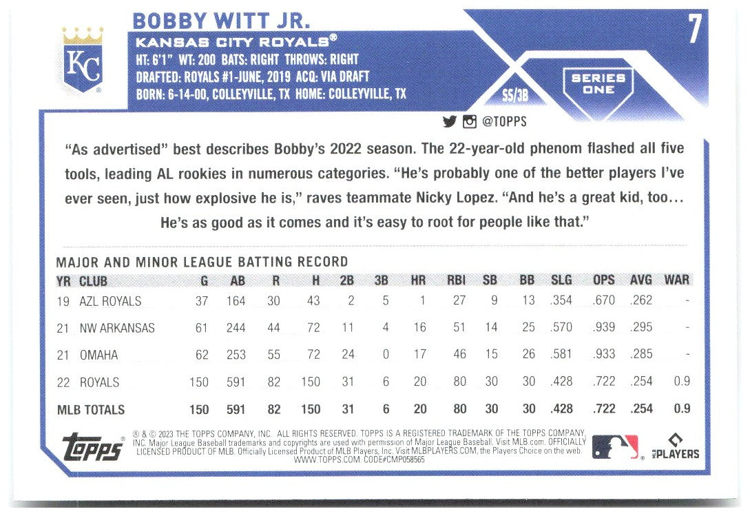 Bobby Witt Jr. Topps 7 2023 Kansas City Royals