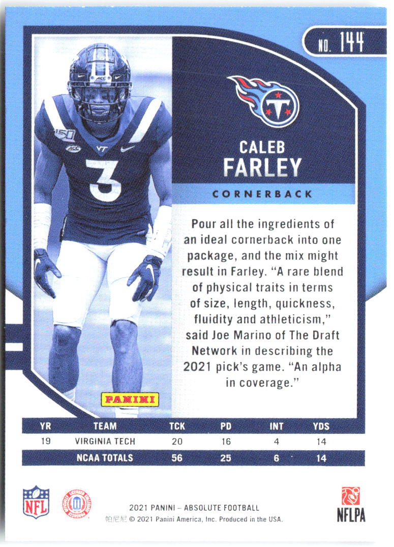 Caleb Farley Panini Absolute - Retail 144 2021 Tennessee Titans RC
