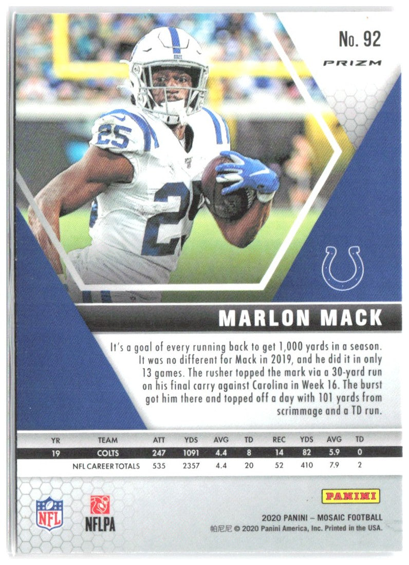 Marlon Mack Panini Mosaic - Prizm Camo Pink 92 2020 Indianapolis Colts