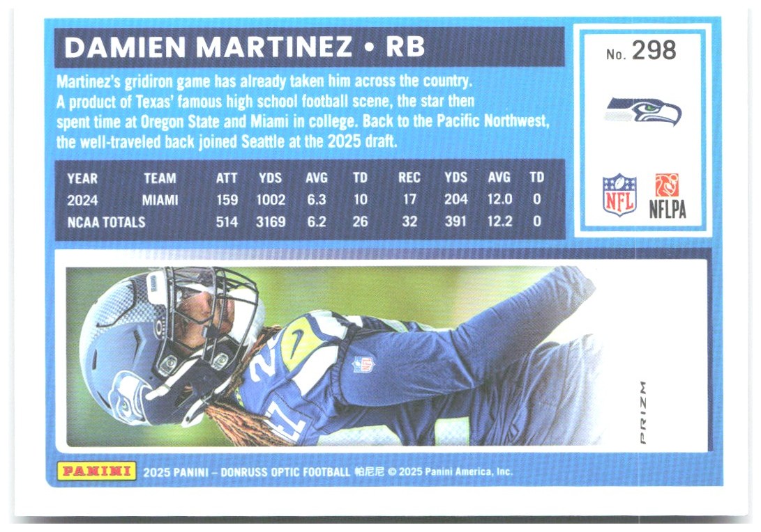 Damien Martinez Donruss Optic - Purple Shock 298 2025 Seattle Seahawks