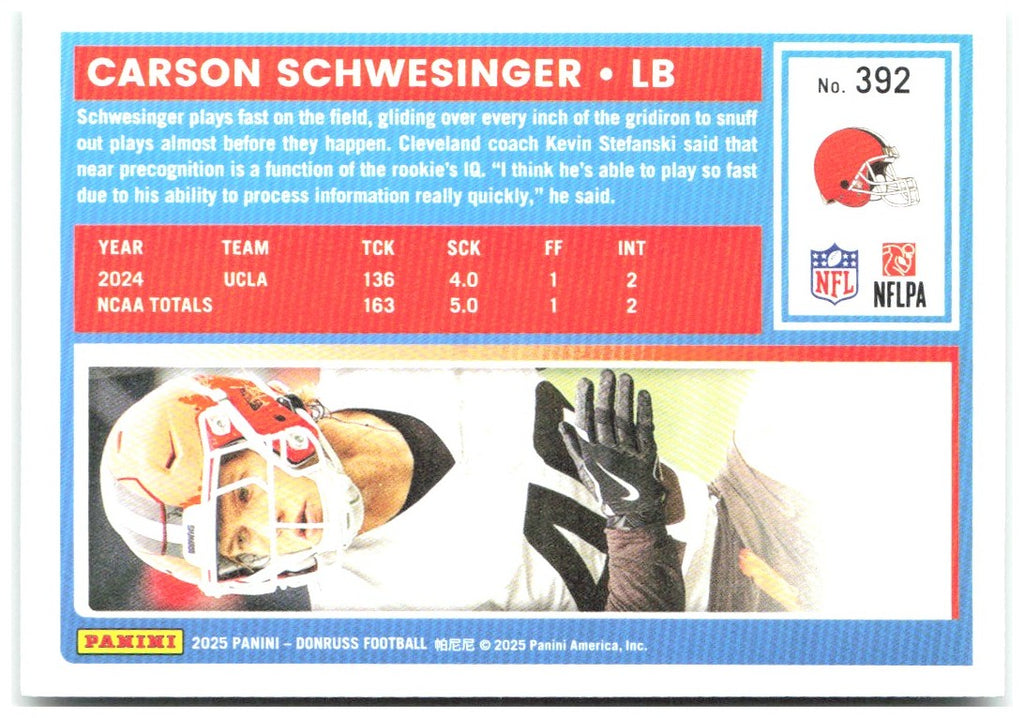 Carson Schwesinger Donruss - Press Proofs Green 392 2025 Cleveland Browns