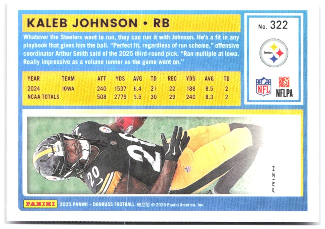 Kaleb Johnson Donruss - Optic Rated Rookies Pink 322 2025 Pittsburgh Steelers
